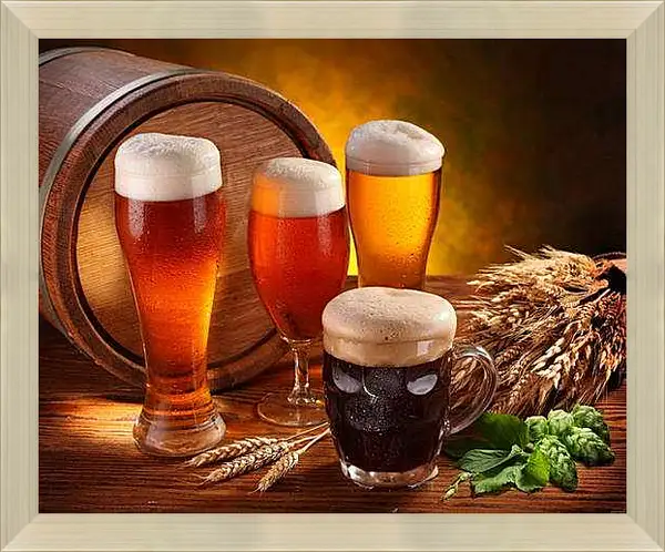 Картина в раме - Пиво в боченке и кружках. Хмельное Настроение.
