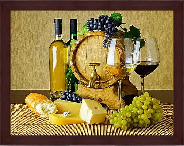 Картина в раме - Бочка с вином. Винный натюрморт.