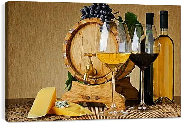 Постер на подрамнике - Бочка, сыр, две бутылки, два бокала и виноград. Винный натюрморт.