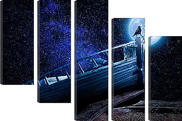 Модульная картина - Чёрный ворон на фоне Луны