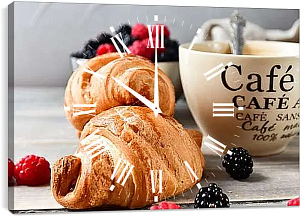 Часы картина - Два круассана и чашечка кофе. Утреннее Наслаждение.