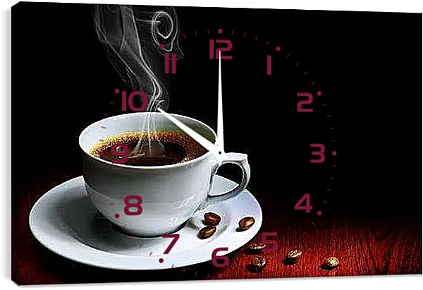 Часы картина - Чашка и несколько зёрен кофе. Ароматное утро.