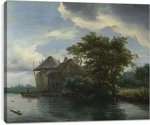 Постер на подрамнике - A Cottage and a Hayrick by a River. Якоб ван Рейсдал