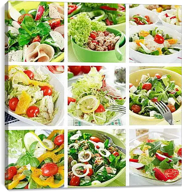 Постер на подрамнике - Коллаж салаты. Освежающий калейдоскоп.