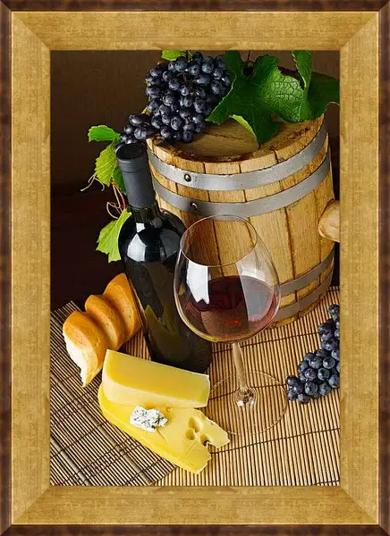 Картина в раме - Вино, сыр и хлеб. Винная Гармония.