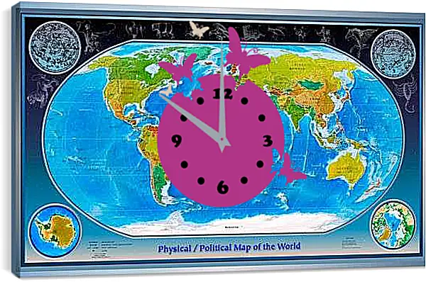 Часы картина - Физико-политическая карта мира