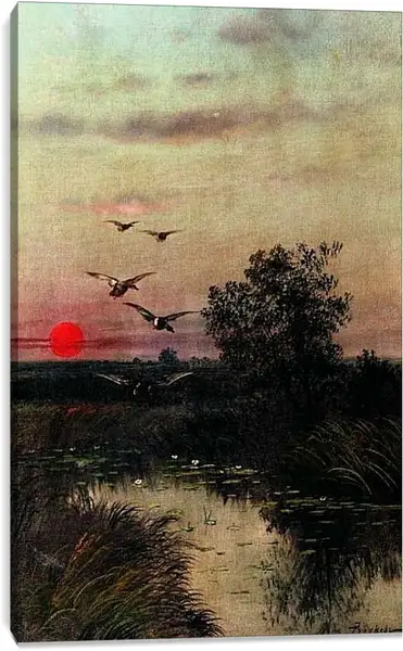 Постер на подрамнике - Заход солнца над озером. Ефим Волков