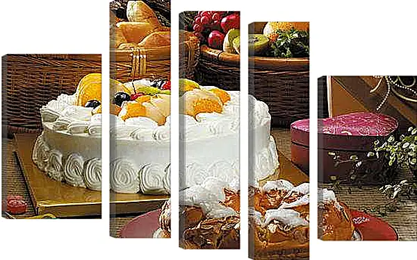 Модульная картина - Фрукты, хлебная выпечка и торт. Сладкий натюрморт.