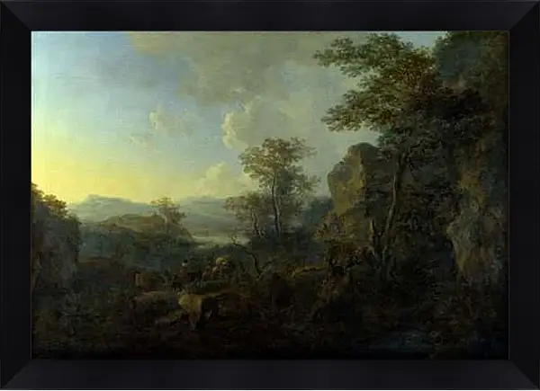 Картина в раме - Скалистый пейзаж с крестьянами и гружёными мулами. Ян Бот