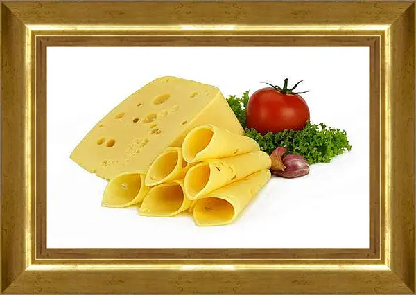 Картина в раме - Вкуснейший сыр и спелый помидор. Аппетитный натюрморт.