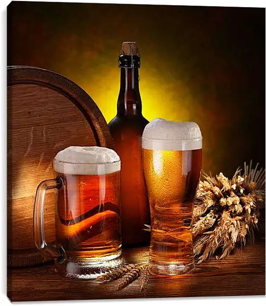 Постер на подрамнике - Пивной погреб и бутылка вина. Золотое Настроение.