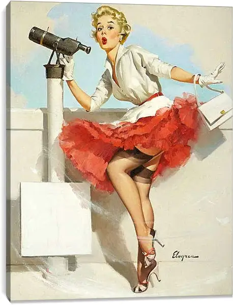 Постер на подрамнике - Блондинка в красной юбке и телескоп. Пин ап