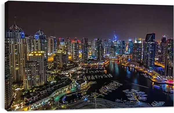 Постер на подрамнике - Вид на гавань с яхтами и город. Дубай