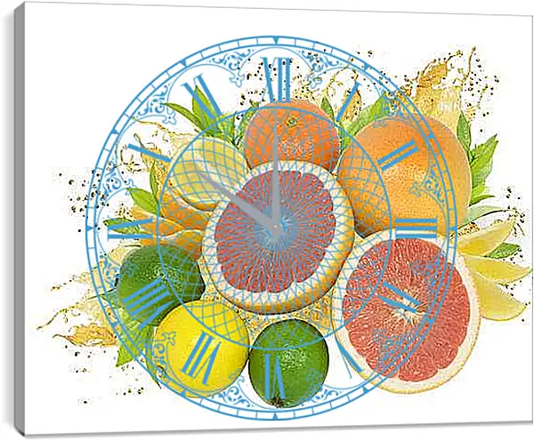 Часы картина - Разнообразие фруктов. Солнечный цитрусовый микс.