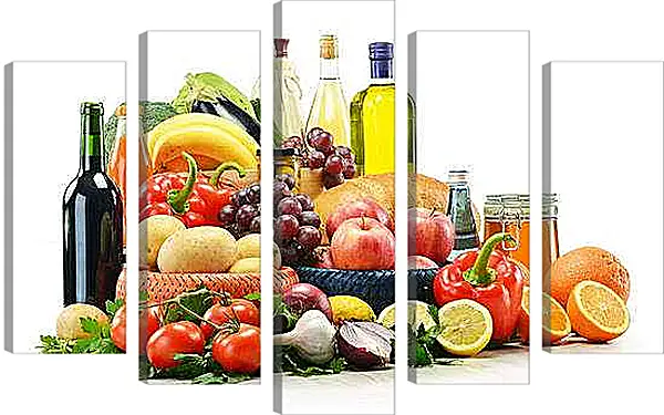 Модульная картина - Несколько бутылок, зелень, фрукты и овощи. Изобилие Красок и Вкусов.