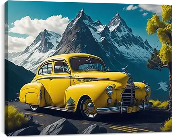 Постер на подрамнике - Ретро автомобиль на фоне гор