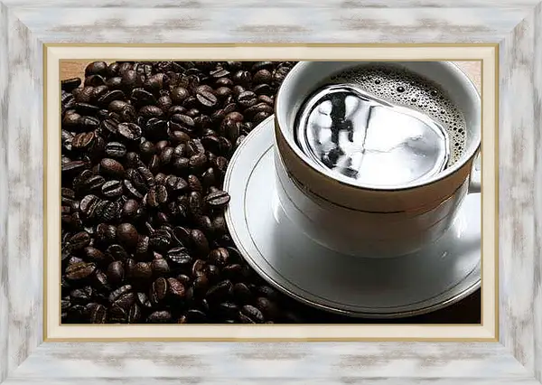 Картина в раме - Чашка кофе и зёрна на столе. Кофейное утро.