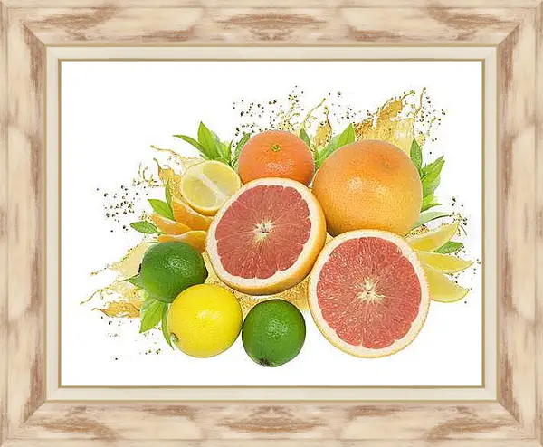 Картина в раме - Разнообразие фруктов. Солнечный цитрусовый микс.