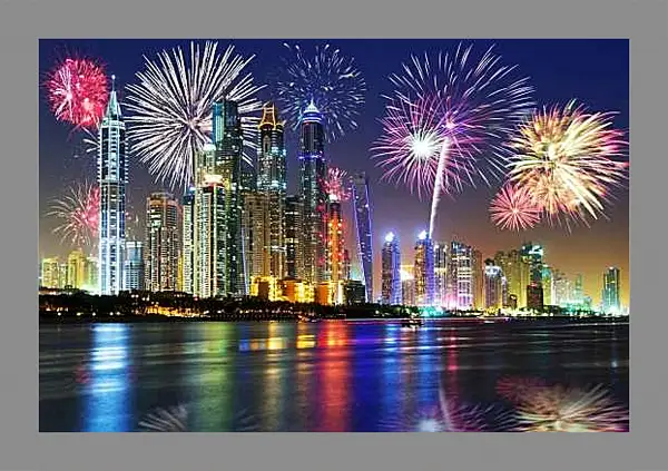 Картина в раме - Салют в ночном небе города. Дубай