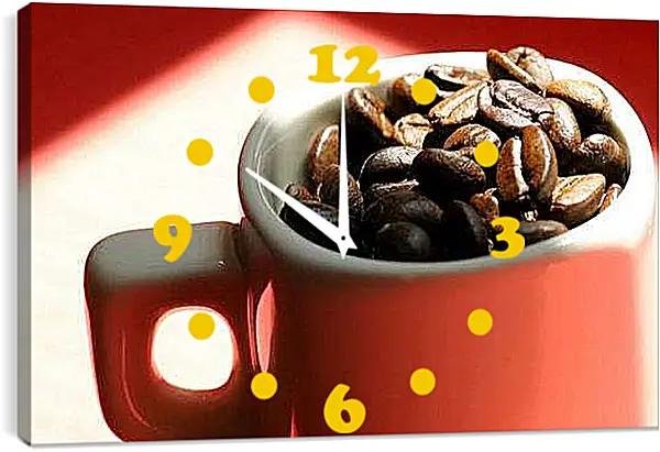 Часы картина - Полная чашка зёрен кофе. Ароматное утро.