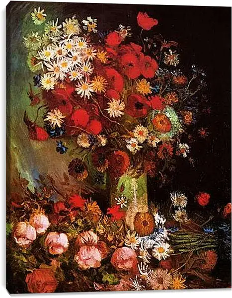 Постер на подрамнике - Vase with Poppies, Cornflowers, Peonies and Chrysanthemums. Винсент Ван Гог