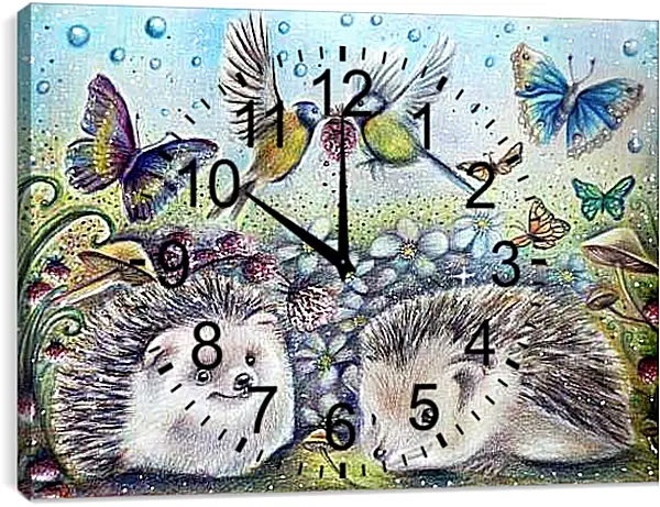 Часы картина - Два ежа и бабочка