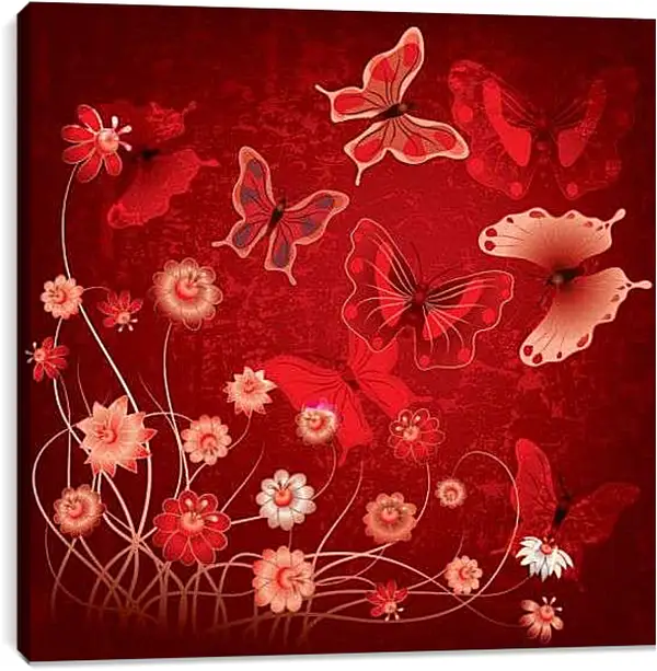 Постер на подрамнике - Бабачки на красном фоне