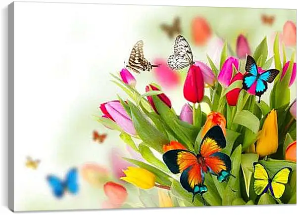 Постер на подрамнике - Бабочки в тюльпанах