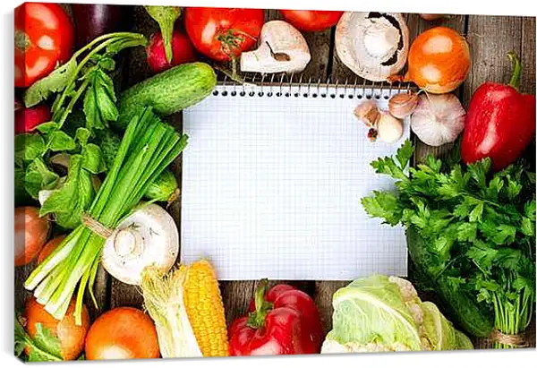 Постер на подрамнике - Зелень, грибы и овощи на столе. Вдохновение Кухни.