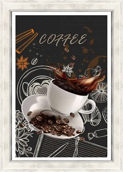 Картина в раме - Брызги кофе и зёрна на блюдце. Аромат Кофе.