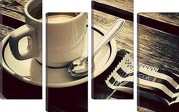 Модульная картина - Чашка кофе и чайная ложка на блюдце. Кофе-брейк.