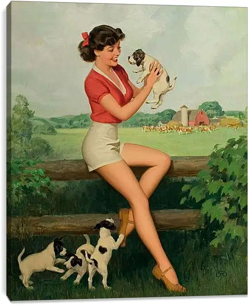 Постер на подрамнике - Девушка с щенками (стиль пин ап)