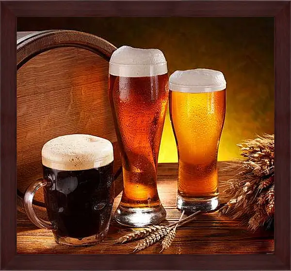 Картина в раме - Пиво в боченке, кружке и стаканах. Пенный натюрморт.