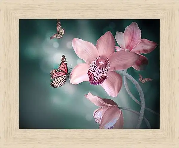 Картина в раме - Нежно-розовые цветы и бабочки