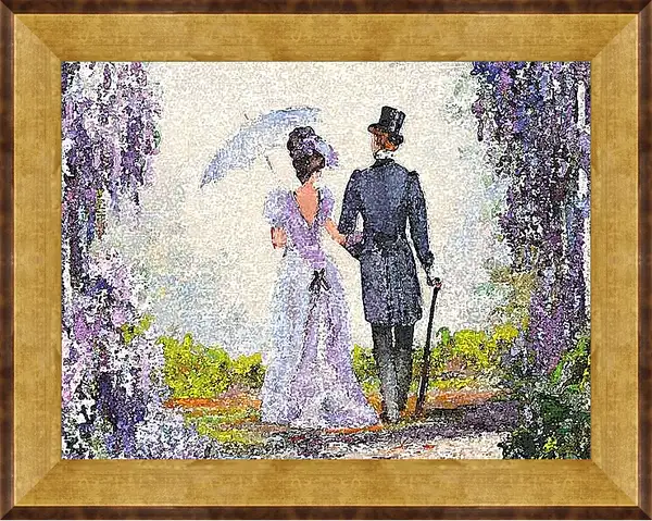 Картина в раме - Прогулка. Ретро. Пара 19го века. Дама и кавалер.