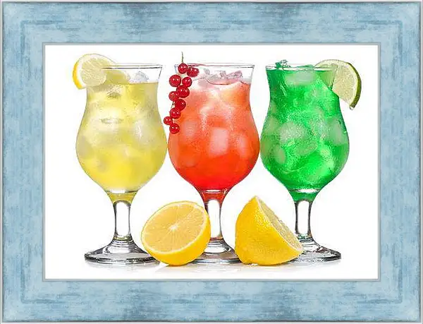 Картина в раме - Коктейли и фрукты. Яркий триптих.