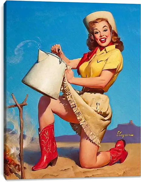 Постер на подрамнике - Девушка в красных сапожках с чайником. Пин ап