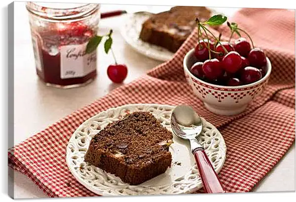 Постер на подрамнике - Баночка варенья, вишня и два кусочка торта. Сладкое Настроение.
