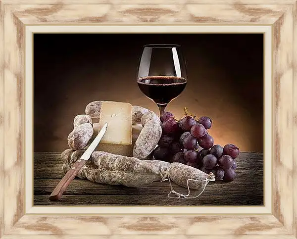 Картина в раме - Натюрморт вино и сыр. Винный натюрморт.