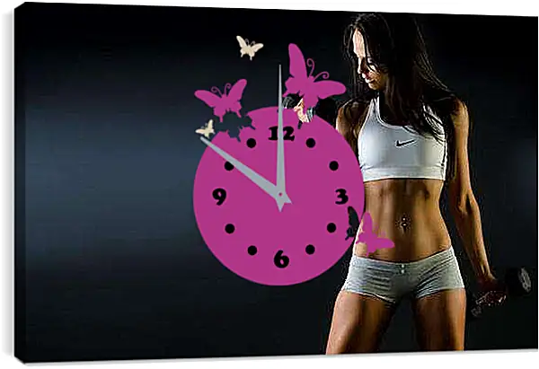 Часы картина - Брюнетка работает с гантелями на бицепс