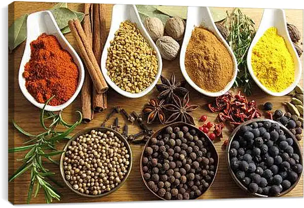 Постер на подрамнике - Приправы и пряности на столе. Ароматы кухни.