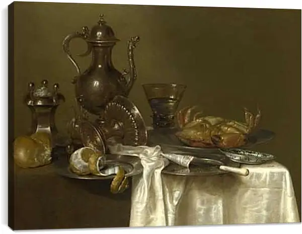 Постер на подрамнике - Still Life: Pewter and Silver Vessels and a Crab. Натюрморт - оловянная посуда, серебряные сосуды и краб. Виллем Клас Хеда