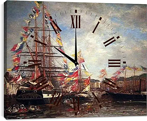 Часы картина - Festival in the Harbor of Honfleur. Эжен Буден