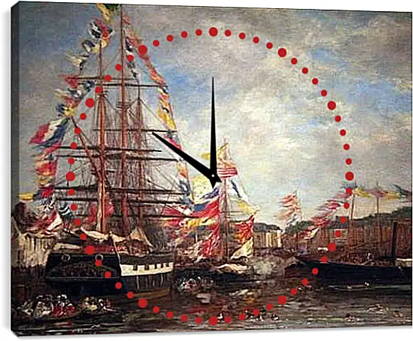 Часы картина - Festival in the Harbor of Honfleur. Эжен Буден