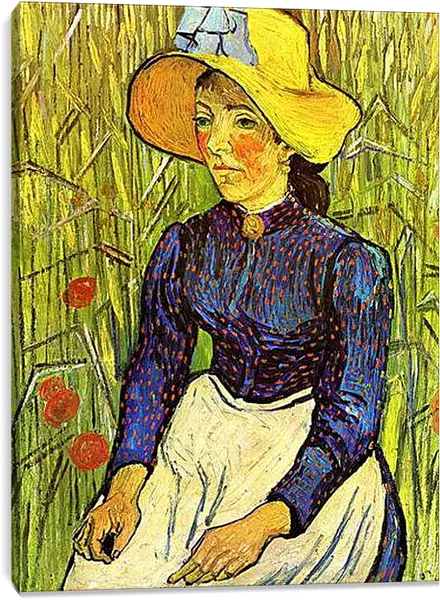 Постер на подрамнике - Young Peasant Woman with Straw Hat Sitting in the Wheat. Винсент Ван Гог