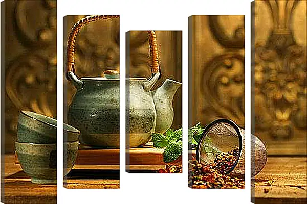 Модульная картина - Чайник с чашками. Чайная церемония.