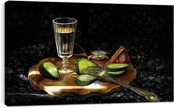 Постер на подрамнике - Налитая рюмка и огурцы порезанные. Миг Лета.