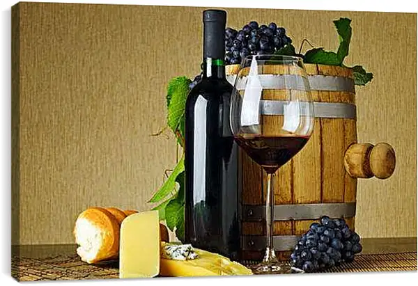 Постер на подрамнике - Бочка, булка, сыр, виноград и вино. Винный натюрморт.