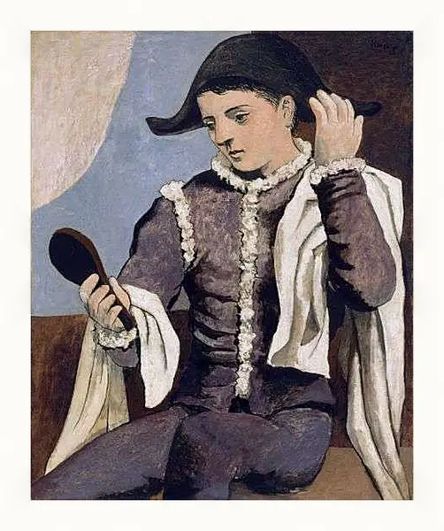 Картина в раме - Арлекин с зеркалом. Пабло Пикассо