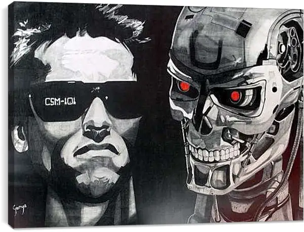 Постер на подрамнике - Арнольд Шварценеггер и скелет. Терминатор